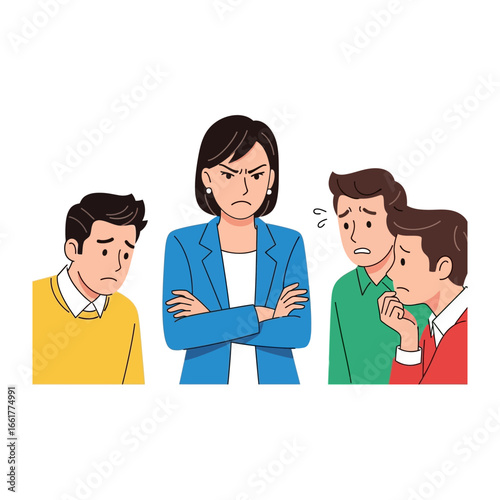 Angry Boss and Subordinates: A powerful image of a boss, arms crossed, radiating anger at subordinates who are overwhelmed with fear and sadness. Depicting a tension atmosphere.
