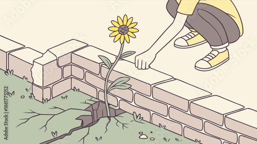 Illustration of a sunflower growing through a crack in a brick wall with a person nearby looking at it
