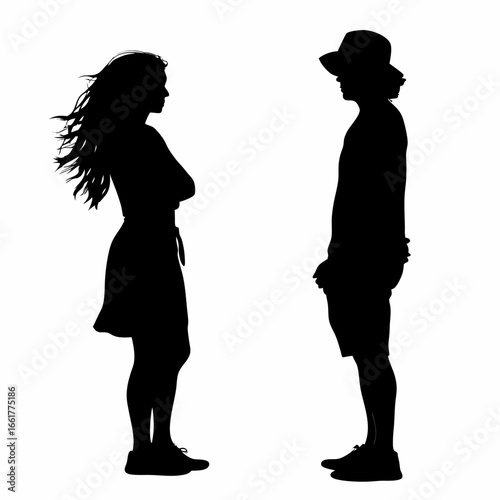 silhouette of a man and woman standing facing each other in profile view
