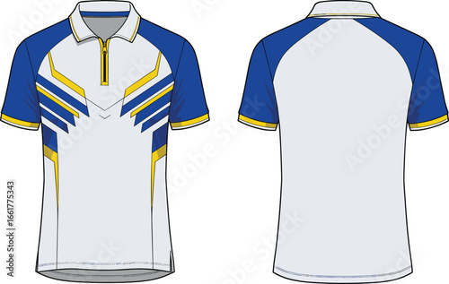 Modern sports polo shirt design with blue, yellow, and white color scheme, perfect for team uniforms, athletic apparel, and custom branding.