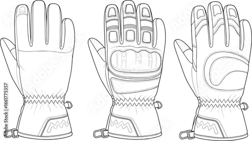 Protective winter sports gloves, detailed line art illustration for design mockups, gear development, safety equipment branding, and outdoor gear catalogues.