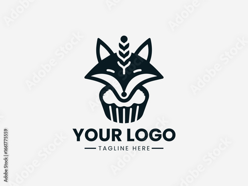 Clever fox holding pastry with floral elements in charming bakery vector logo 