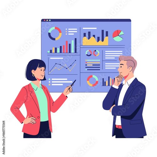 Data Analysis Collaboration: A dynamic illustration capturing a professional moment, as a businesswoman points towards a vibrant data analysis display. Reflecting on the presentation.