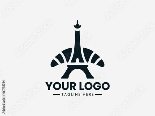 Elegant Parisian bakery with croissant and Eiffel Tower in classic vector logo