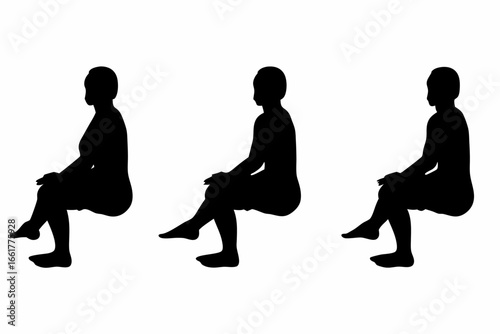 A woman sitting down in three different positions in silhouette