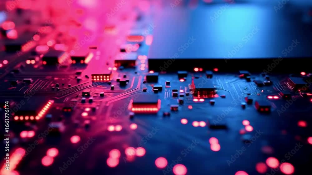 Abstract close-up of a futuristic circuit board with glowing lights, representing technology and innovation Abstract close-up of a futuristic circuit board with glowing lights, representing technology and innovation