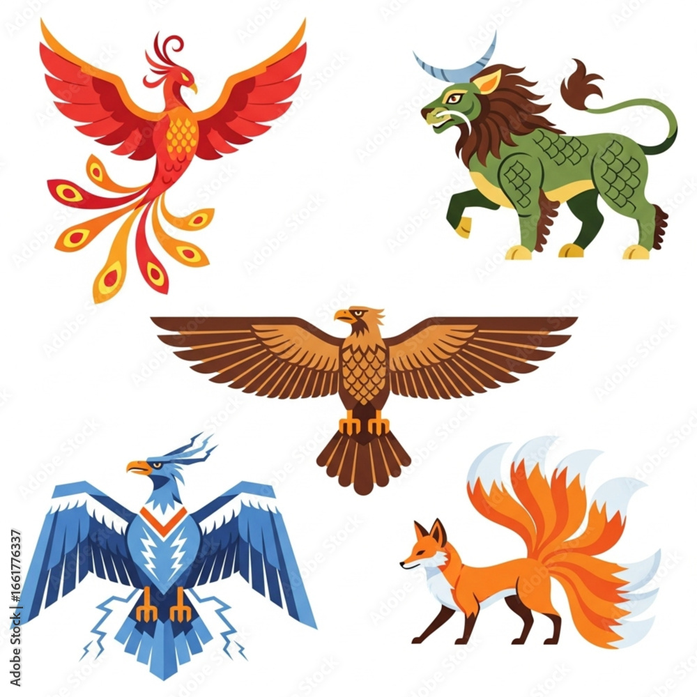 Obraz premium Illustrations of mythical creatures including a phoenix, eagle, qilin, and nine-tailed fox.
