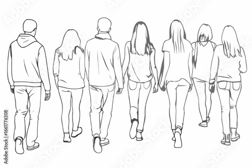 a group of young adults walking together in a line from behind