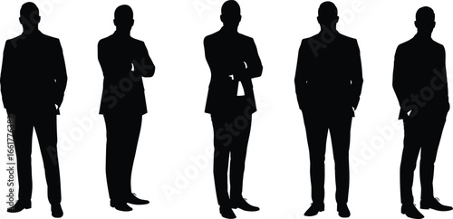 Silhouette group of businessmen standing, professional men in suits, corporate posture, confident male figures, business concept, leadership, formal style