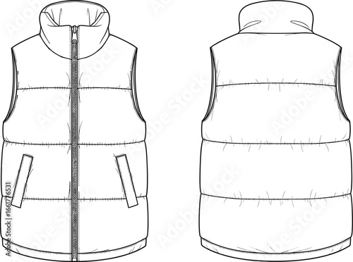 Puffer vest fashion flat sketch, front and back view, sleeveless winter jacket design template, technical drawing for apparel designers