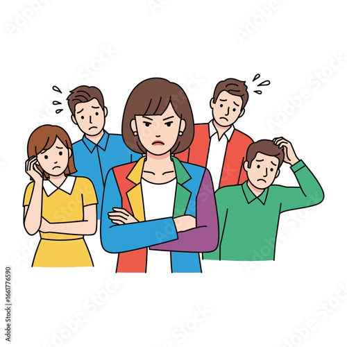 Conflict and Concern: A diverse group of individuals displays a range of emotions, reflecting the tense and stressful atmosphere of a conflict situation.