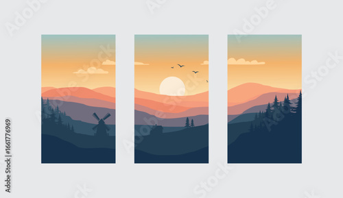 A breathtaking collage of mountain landscapes with a colorful sunset over a hazy morning sky