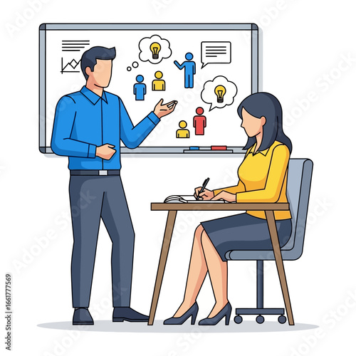 Collaboration and Idea Exchange: A modern illustration showcasing a dynamic interaction where a presenter eloquently elucidates key ideas to a focused listener.