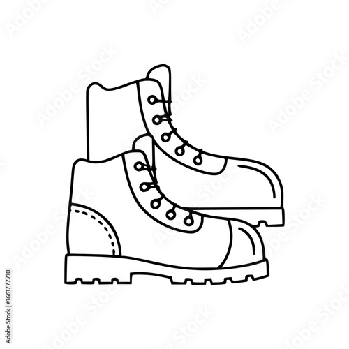 Line art vector drawing of sturdy leather work boots with thick sole and detailed stitching for hiking and adventure
