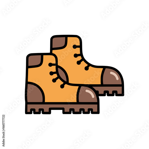 Cartoon style drawing of durable work boots orange with brown toe and heel rugged sole for hiking and construction