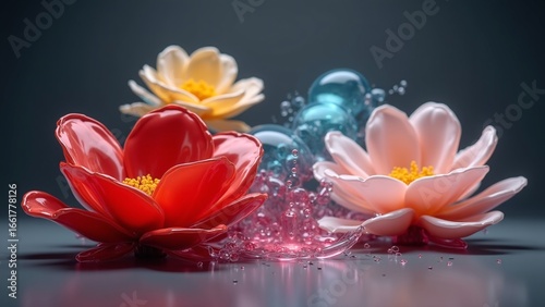 Vibrant and isolated liquid flowers with dynamic splashes create a stunning graphic display, showcasing delicate petals and vivid hues in an artistic arrangement
