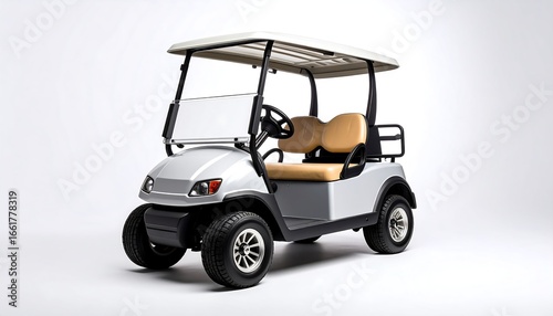 Modern White Golf Cart with Tan Seats on White Background
