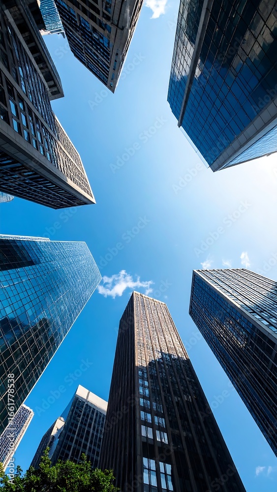 Naklejka premium Skyscrapers, City, Upward View, Blue Sky