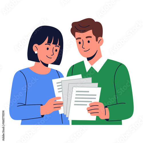 Document Review Collaboration: A well-matched pair meticulously examines the contents of assorted documents, their expressions mirroring collaboration and the shared goal of thoroughness.