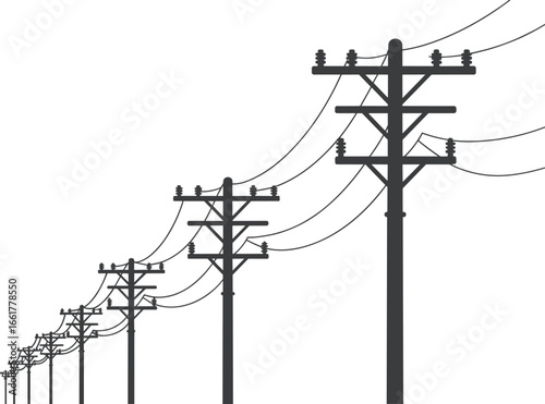 Vector illustration of multiple utility poles with power lines in perspective, black silhouette design of electricity distribution infrastructure