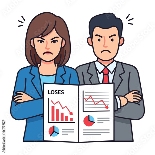 Defeat and Disappointment: An illustration depicts two business figures, a man and a woman, visibly upset as they review a downward-trending report indicating financial losses.