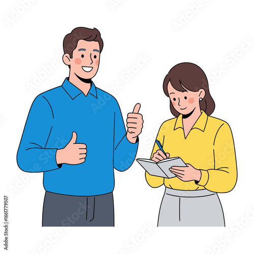 Consultation in Progress: A moment of professional collaboration unfolds as a man gives an approving gesture with his thumb, while the woman takes notes.