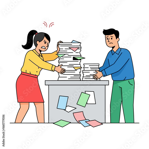 Workplace Overload: Two figures struggle amidst a towering stack of papers, showcasing the stress and chaos of excessive paperwork in a graphic style.