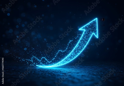 A vibrant blue-cyan glowing arrow shoots upwards, leaving a sparkling, wavy trail on a dark, textured surface, symbolizing progress