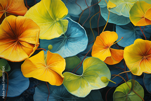 Nasturtium leaves scattered on a charcoal blue canvas.