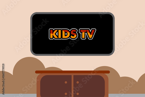 Wall TV with table on Cloud wall background design with brown theme in vector flat style 
