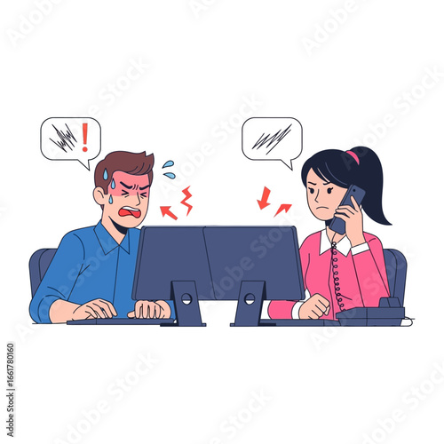 Frustration and Communication in the Office: Illustration captures an office scene where two employees grapple with the challenges of work, highlighting moments of stress and conflict. 