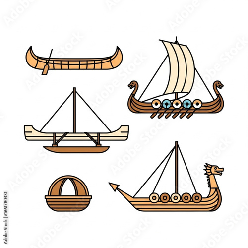 Collection of various types of boats, including Viking ships and canoes.