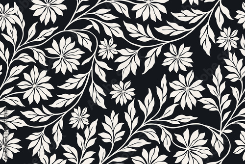 Seamless floral pattern with elegant white blossoms and leafy branches on a black background, perfect for vintage textile, wallpaper, fabric, and botanical design.