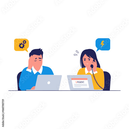 Workplace Pressure and Tension: This illustration captures the universal experience of workplace stress. A man and woman are depicted amidst the stresses of a demanding environment.