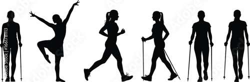 Silhouettes of Active Women Exercising Outdoors with Walking Poles, Running, Dancing, Promoting Fitness, Wellness, and Healthy Lifestyle