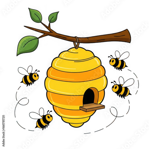 Whimsical beehive hanging from a branch with buzzing bees isolated on transparent background
