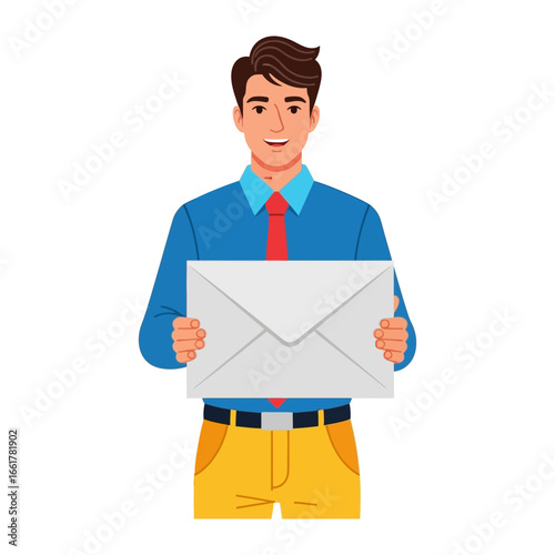 Mail Delivery: A smiling person holding an envelope, presenting a sense of communication, connecting, and sharing information