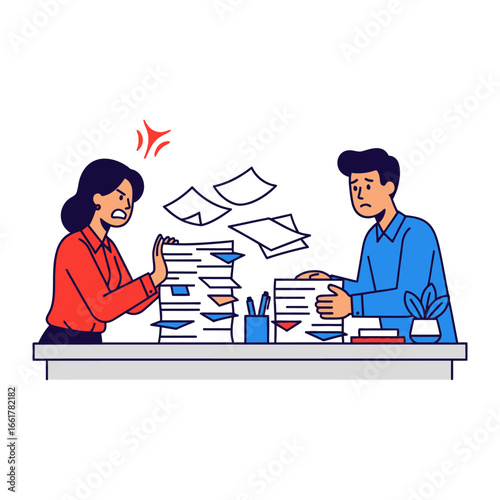 Workplace Overload: This image captures the chaos of a work environment, depicting the struggle with excessive paperwork, portraying emotions of stress and conflict between colleagues.