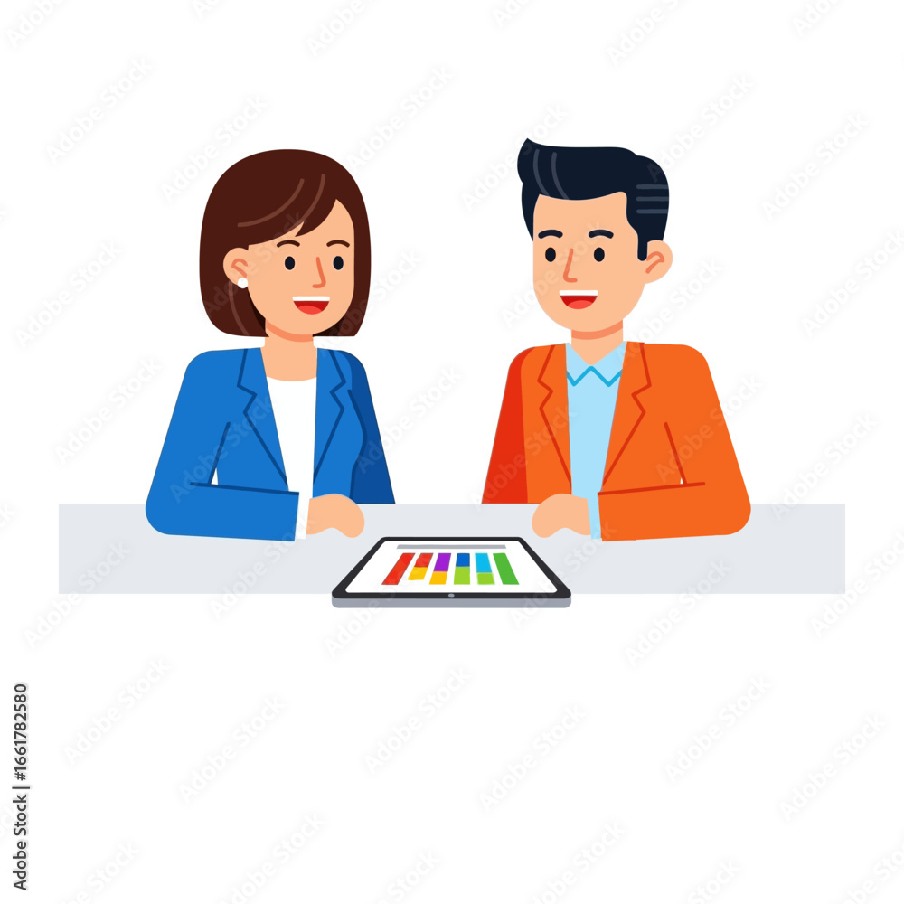 Business Discussion: Two professionals engaged in a dynamic business discussion, the central focus on data and charts in a colorful graphic. Focus on ideas, strategies. Business Discussion: Two professionals engaged in a dynamic business discussion, the central focus on data and charts in a colorful graphic. Focus on ideas, strategies.