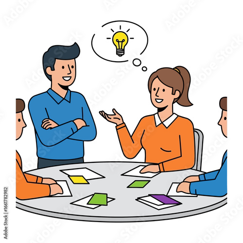 Idea Exchange: A vibrant illustration of collaborative minds at work, brainstorming, and sharing insightful ideas that spark a bright new concept, showcasing unity and intellectual engagement.