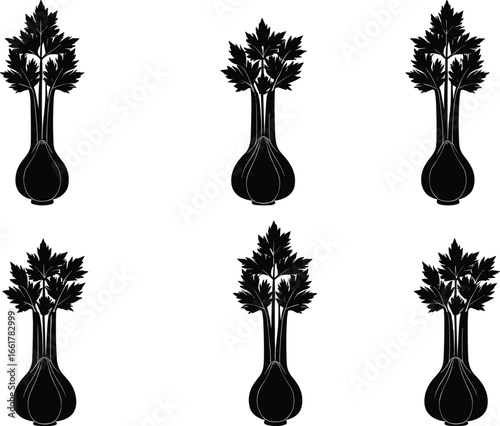 Celery root vegetable silhouette vector set, black outline parsley stalk icon, herbal organic plant design, healthy food illustration element