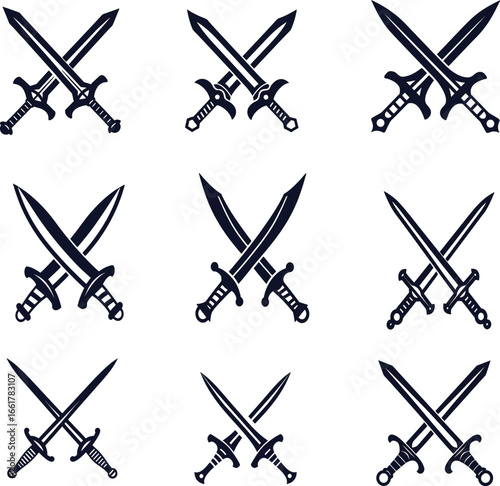 Vector icon set of crossed swords. Ideal for RPGs, battle scenes, or historical themes. Clean, high-res, and easy to customize.