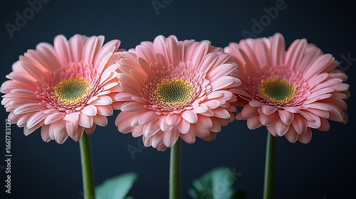 Soft-Focus Pink Gerbera Daisies Macro: Dark Gray Background Blooming Petals Detail
