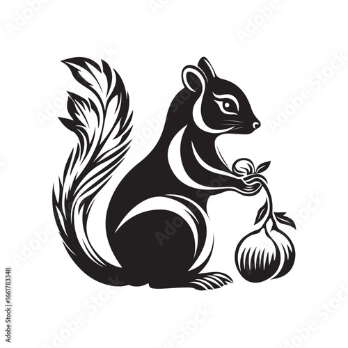 Vector illustration of a cute squirrel eating fruit in a natural setting. Perfect for wildlife themes, forest animals, children’s books, educational materials, and nature-related designs