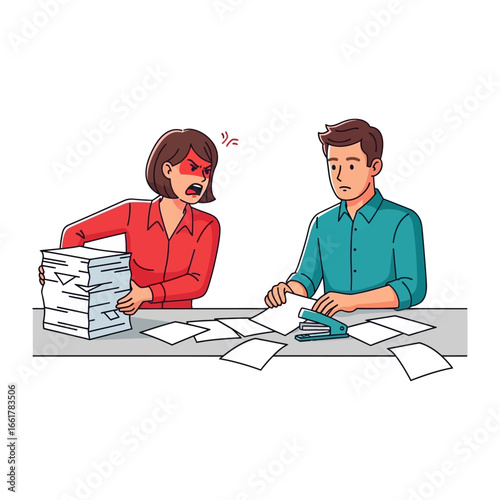 Office Tension: Depicts a high-stress work environment with a woman appearing irate while holding a large stack of documents, as a man calmly works with papers and a stapler.