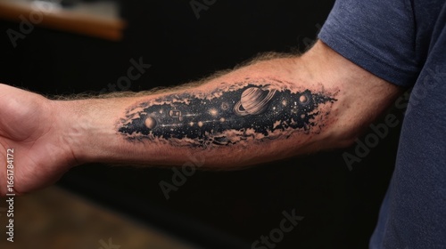 A realistic 3D tattoo on a man's forearm depicting a cosmic scene with stars and planets, appearing as if the skin is torn open to reveal the galaxy.