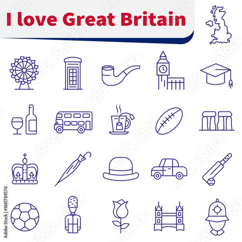 A set of icons depicting traditional and cultural symbols of Egypt. Symbols of Great Britain.