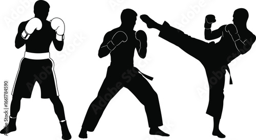 Martial arts and boxing fighters in action pose, vector silhouette set, perfect for combat training, sports design, gym illustration