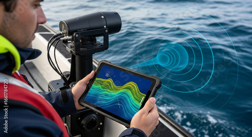 Close-up of engineer with planset with sonar of reconnaissance boat in action monitors data in real time which emits sound waves into seawater revealing contours of seabed, sea and ocean research