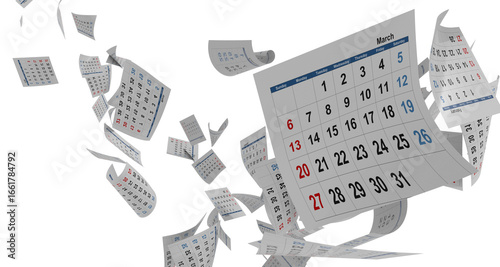 calendar pages flying in transparent background - 3d rendering